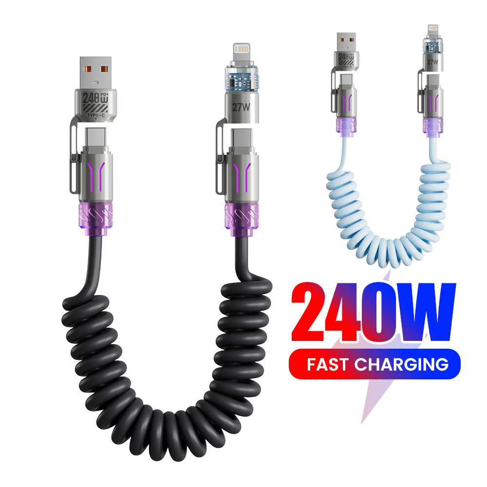 Twitch 2M PD240W Super Fast Charging USB/Type C สาย 4 in 1 Multi-functional Spring Charger Wire พร้อมไฟ LED สีสันสดใสสําหรับโทรศัพท์มือถือโน้ตบุ๊ค