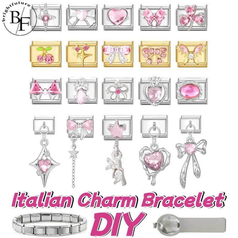 สร้อยข้อมือเพชรชมพูสไตล์อิตาลี ขนาด 9 มิลลิเมตร จากสแตนเลส ออกแบบทรงคลาสสิค