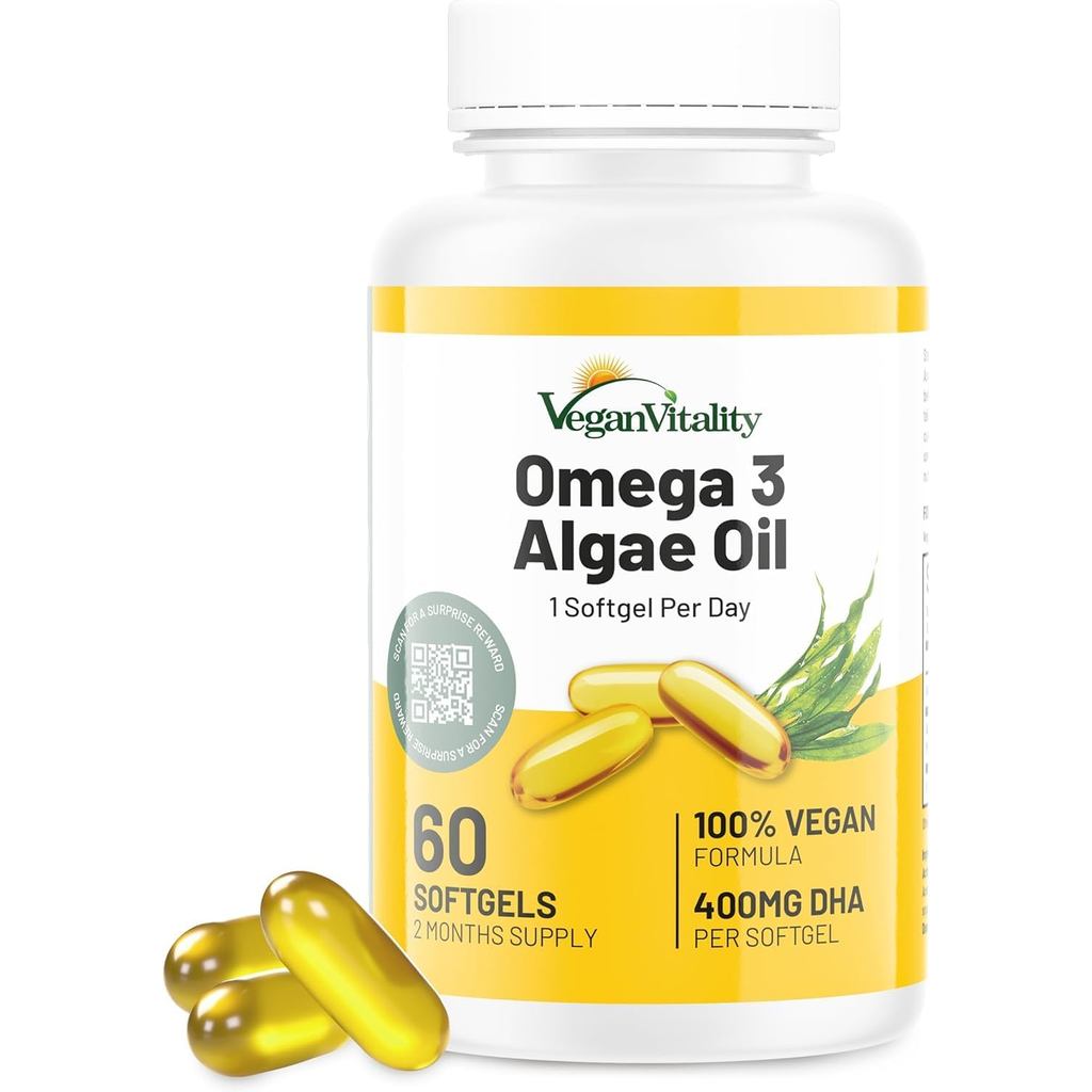 Omega 3 Algae Oil : 400mg DHA - for Heart, Joints, Brain Health, High Strength 60 Softgel Tablets, 2