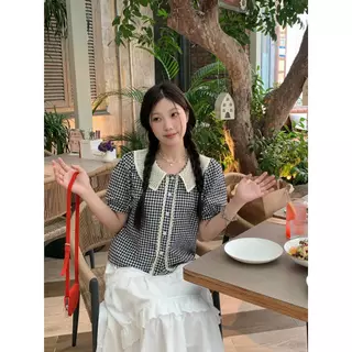 mimi&didi#เสื้อเชิ้ตคอปกเด็กสีดำลายสก็อตหลวมแขนสั้นสำหรับผู้หญิง หวานและน่ารัก#w678