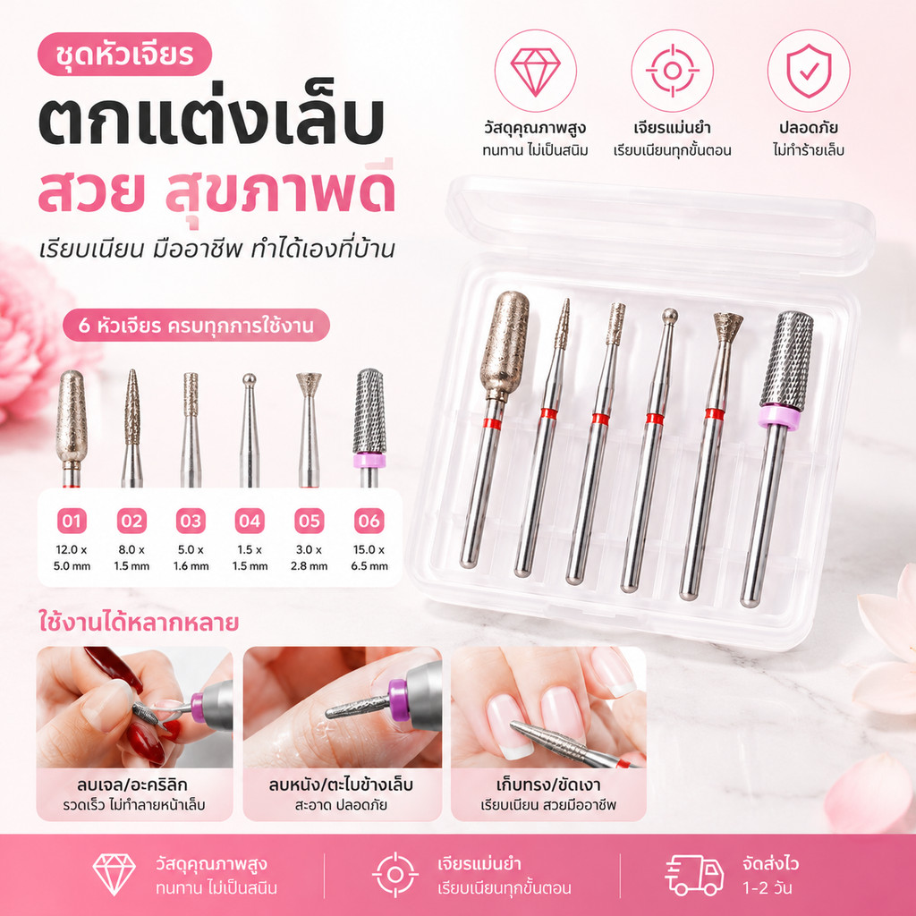 Majikku หัวเจียรเพชร หัวเจียร 2XF ใหม่เครื่องเจาะเล็บบดเครื่องมือเปลี่ยนหัว1ชุด6ชิ้ หัวชุดหกชิ้นรวมกันด้านหน้ารักษาขัดผิ