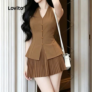 Lovito เสื้อเบลาส์หรือกระโปรงทรงหรู แบบติดกระดุมด้านหน้า จีบรอบเอว เหมาะสําหรับใส่ไปทํางานหรือใส่ลําลอง สไตล์ฤดูร้อน โทนสีกากี L190ED737