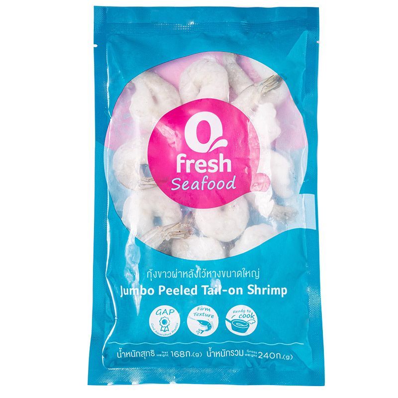 คิวเฟรซเนื้อกุ้งขาวดิบผ่าหลังไว้หางแช่แข็งขนาดใหญ่ 240ก Q Fresh Peeled Tail on Shrimp Size L 240g [8850468825286 ]