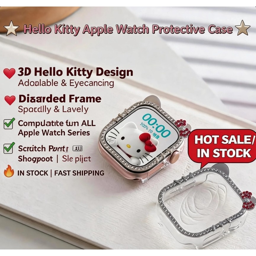 ร้อนขายสุดน่ารัก สวัสดี คิตตี้ เคสเพชรเหมาะสําหรับ แอปเปิล ดู for Iwatch Apple Watch Series 11/10/9/8/7/6/5/4/3/SE 42 46 41 45 44 40 49 for Smartwatch strap