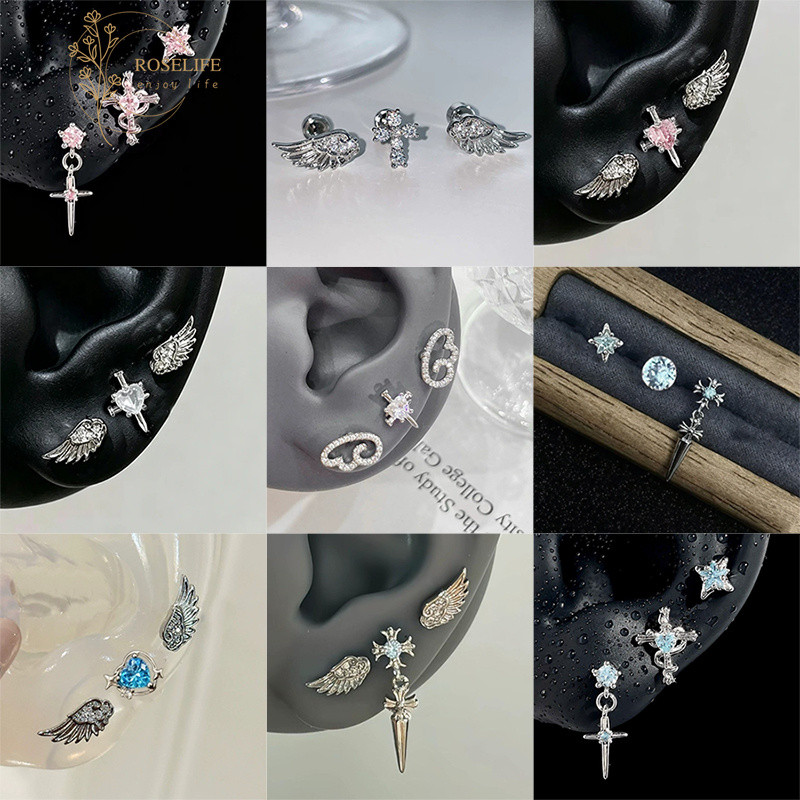 Roselife Super Value 3PCs S925 Silver Crystal Heart Wings สกรูต่างหูชุดผู้หญิงเจาะหู Studs เครื่องประดับอุปกรณ์เสริม