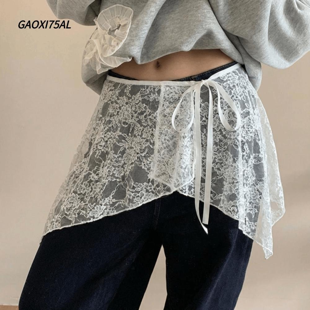 GAOXI75AL ลูกไม้มินิกระโปรง,ภาษาฝรั่งเศสคํา Lacing เย็บปักถักร้อย Lace Up Ruffles กระโปรง,แฟชั่น Y2K Streetwear ไม่สม่ําเสมอ Hemline Harajuku ผ้ากันเปื้อนกระโปรงกางเกงยีนส์ตกแต่ง