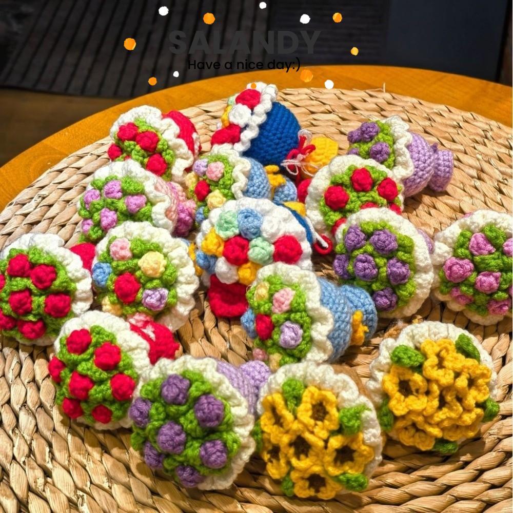 SALANDY Rose Bouquet Bag จี้, Handmade Mini Yarn Bouquet พวงกุญแจ, ของขวัญทอเส้นด้ายช่อดอกไม้เส้นด้า