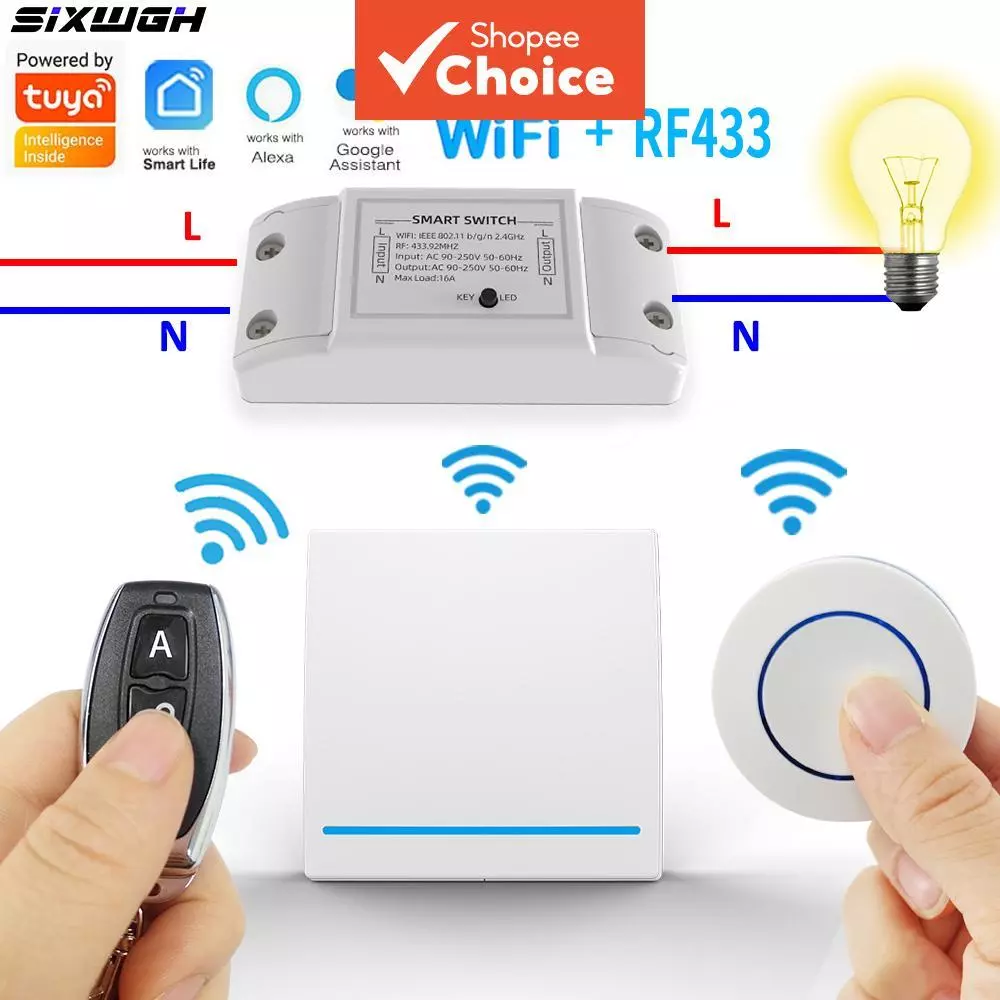 สําหรับ Tuya WiFi RF433 สมาร์ทสวิทช์ 16A รีเลย์สวิทช์ไร้สายสมาร์ทสนับสนุน Life APP ทํางานร่วมกับ Alexa Ewelink สมาร์ทสวิทช์สวิทช์สวิทช์ไร้สายสําหรับ