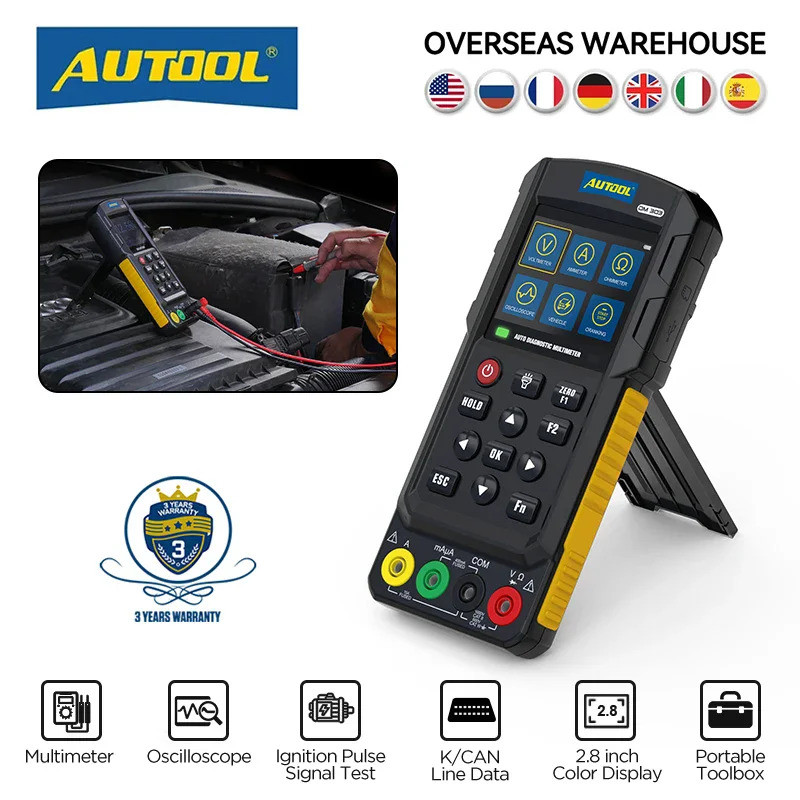 AUTOOL DM303 ยานยนต์วินิจฉัยมัลติมิเตอร์เครื่องทดสอบวงจร AC/DC แรงดันไฟฟ้า Oscilloscope ไดโอดความต้า