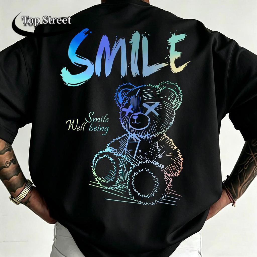 Top.street【ใหม่】🔥แฟชั่น เสื้อยืด Oversize แขนสั้น โคตรนุ่ม ใส่สบาย พิมพ์ลาย 'SMILE Bear' COD
