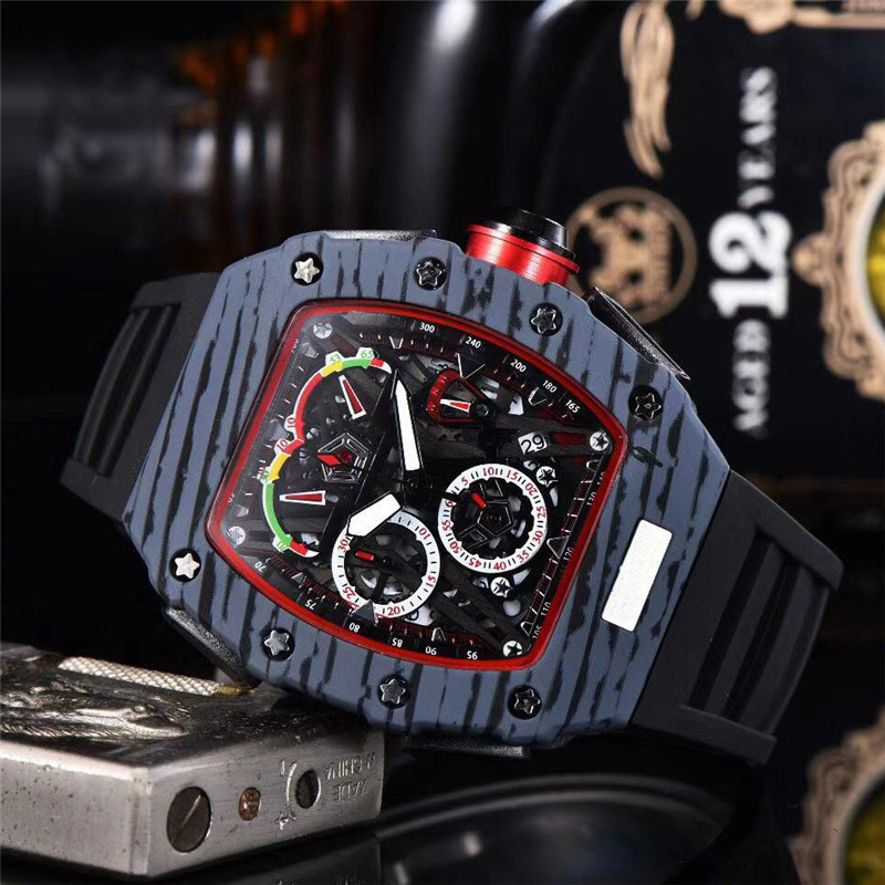 Richard Barrel-Shaped Wood Grain Dial Craft Mens Multi-Function Six-Hand Sweeping Second Calendar Wa