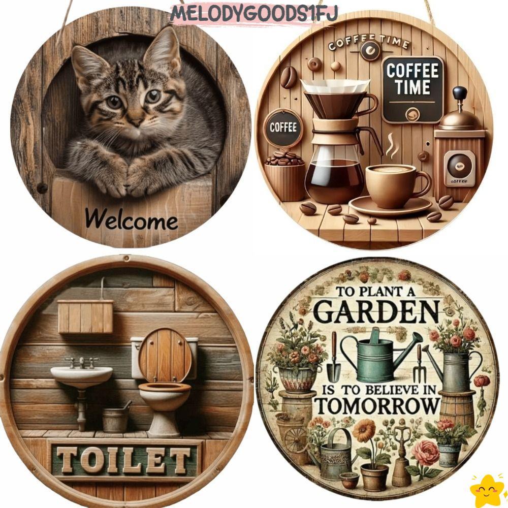 MELODYGOODS1FJ ป้ายกาแฟ,จี้แขวนประตูกลมแขวนป้ายไม้,Retro 2D Flat Magical WC ตกแต่งสวนร้านอาหาร