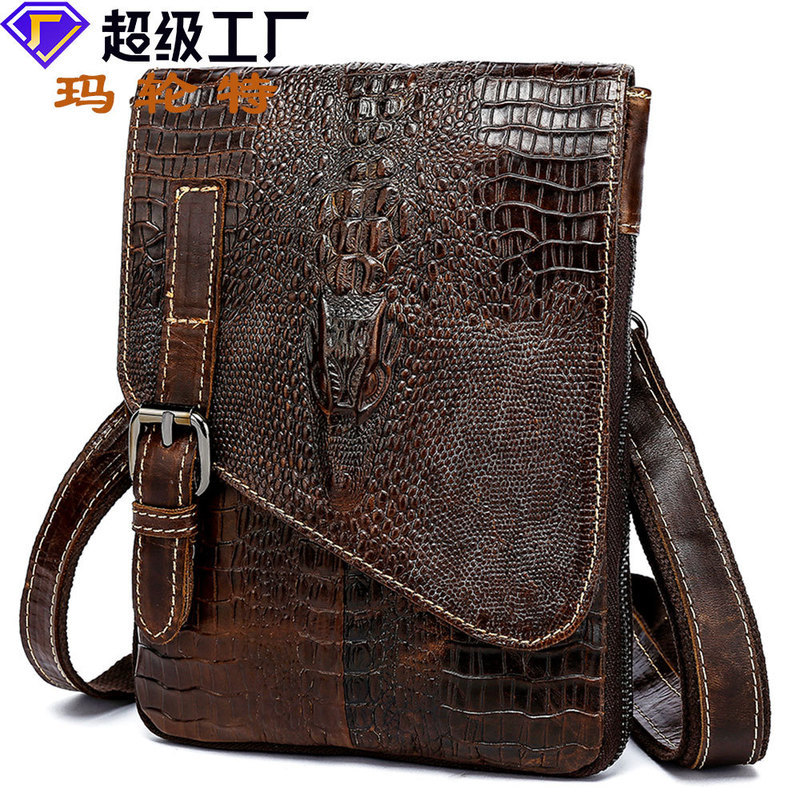 Cross-Border Supply First Layer Cowhide กระเป๋าผู้ชายลายจระเข้ Flap กระเป๋าสะพายชาย Cross-Body กระเป