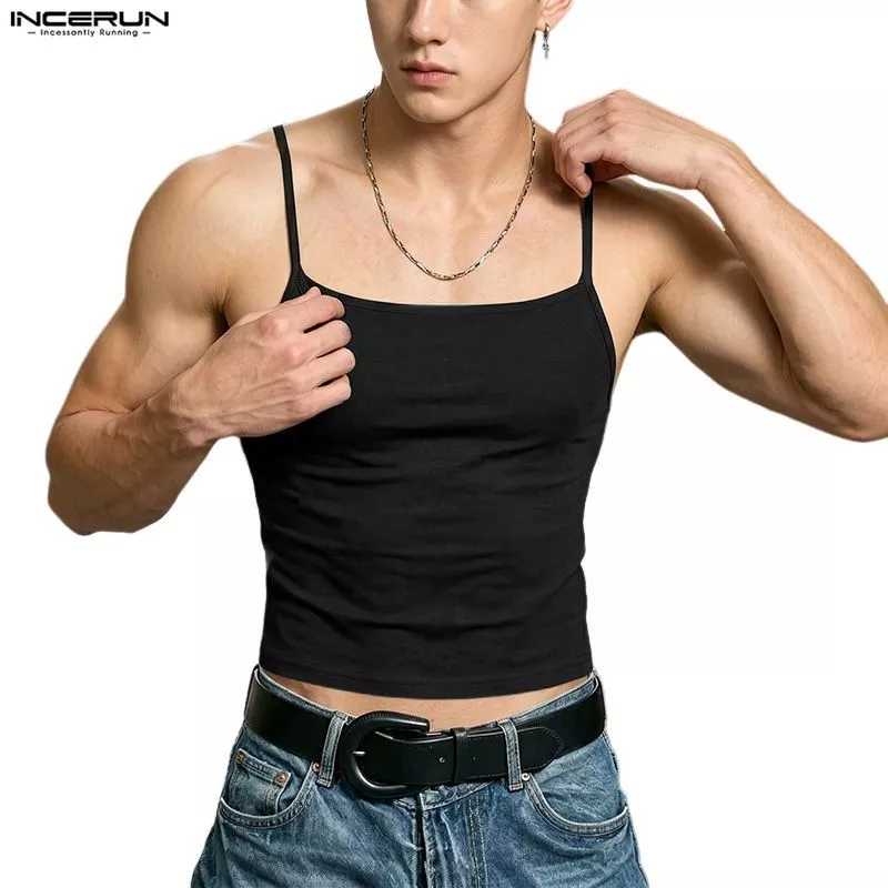 INCERUN Men Korean Street Sport Style Square Collar Sleeve Fitness Muscle Fit Tanks