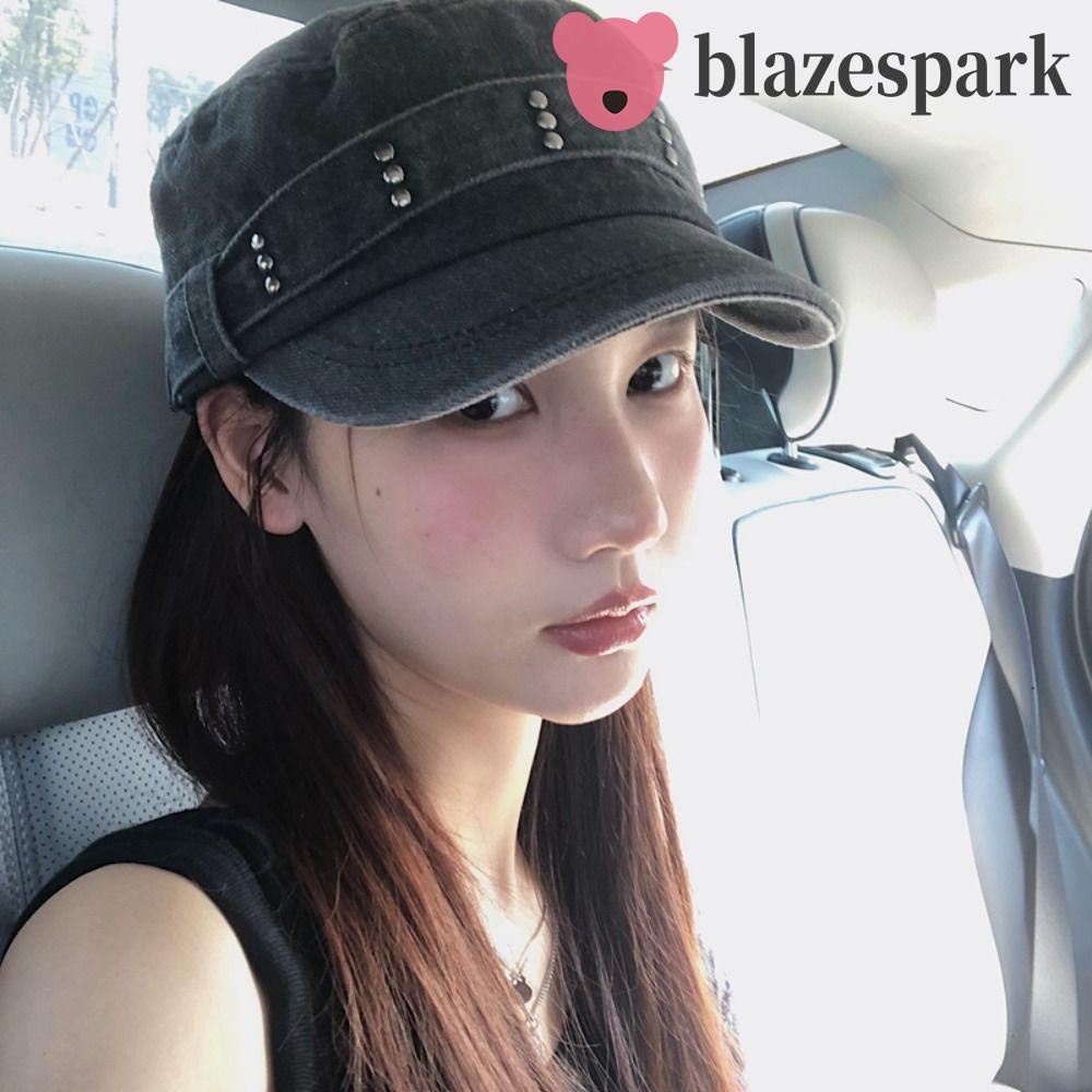 BLAZESPARK Peaked หมวก, Y2k Gothic หมวกแบน, แฟชั่นล้าง Denim Visor Rivet Cadet หมวกผู้ชายผู้หญิง
