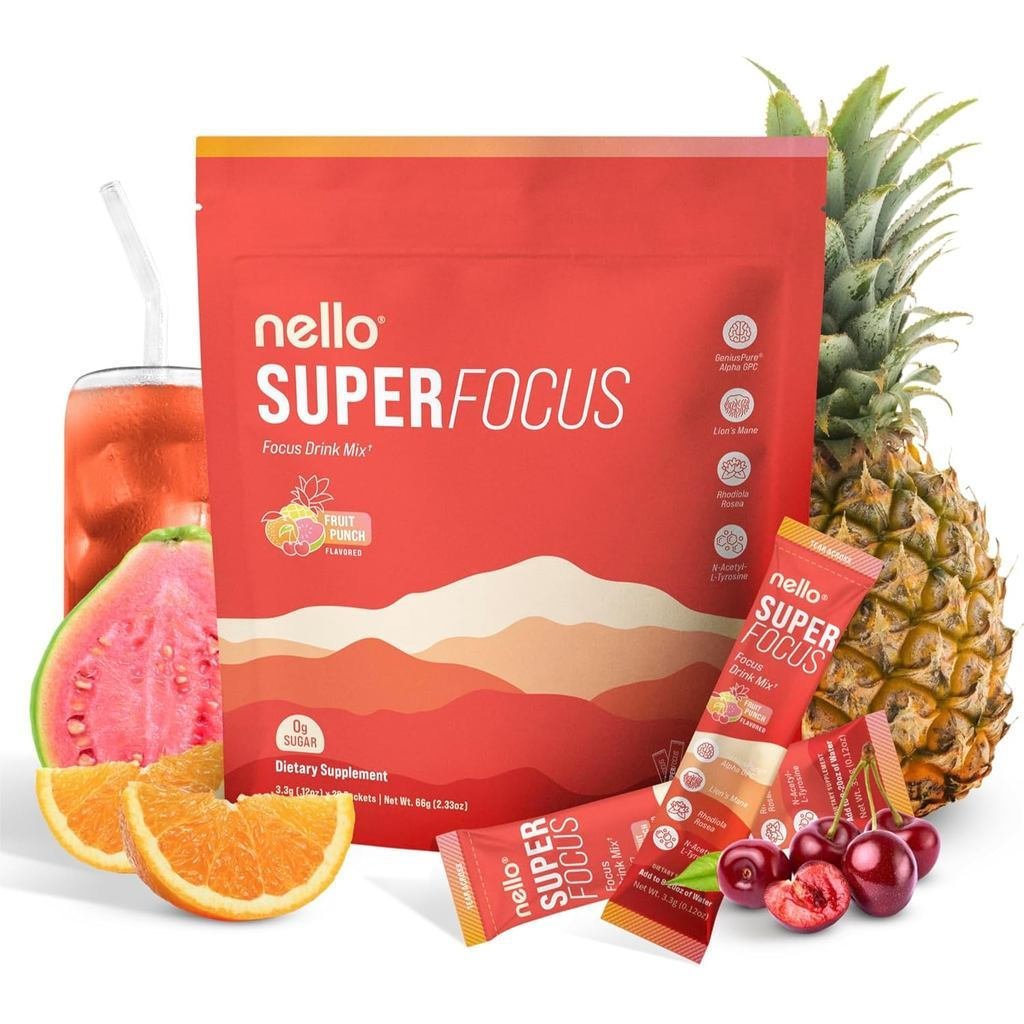 NelloSuperFocusDrinkMix–FruitPunchFlavour–AlphaGPC,sMane,Rhodiola&N-AcetylL-Tyrosine–-Free,On-the-Go