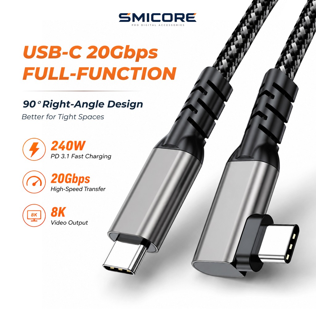 สาย Type-C 90° 20Gbps USB 3.2 Gen2x2 PD 240W ชาร์จเร็ว รองรับ 8K ใช้กับ VR Headset Quest 3 Pico 4 โน้ตบุ๊ก SSD