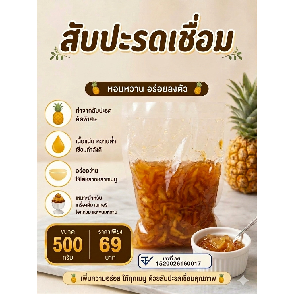 " สับปะรดเชื่อม 🍍 หอม หวาน ฉ่ำ เนื้อแน่นเต็มคำ ท็อปปิ้งอะไรก็อร่อย! ถุงใหญ่ 500 กรัม แค่ 69 บาท!"