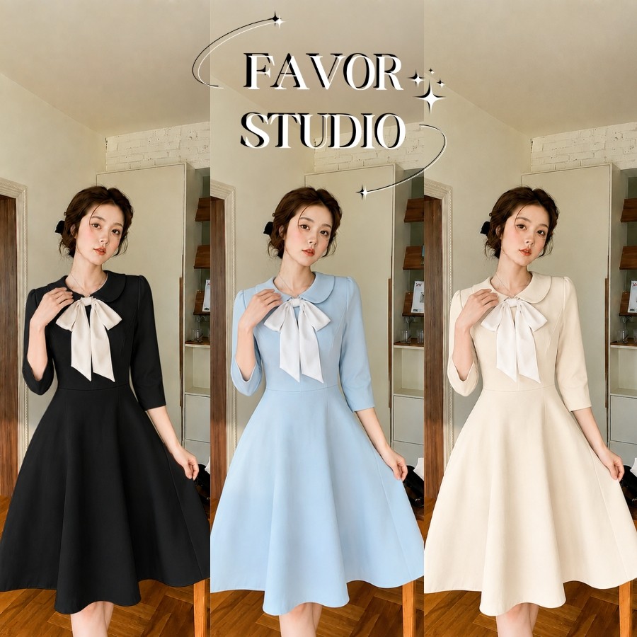 EVIOVIO (S-4XL) เดรสคุณหนูสีดำ ปกบัวโบว์ขาว ลุคเกาหลี ใส่ทำงาน คาเฟ่ ออกเดต ไซส์ใหญ่ เดรสสาวอวบ เดรสไปทำบุญ พร้อมส่ง