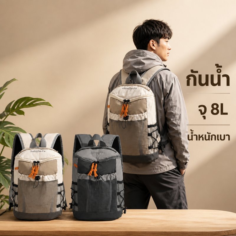 กระเป๋าเป้เดินป่า-ปีนเขาไนลอนกันน้ำ เบาสบาย จุของได้เยอะ เหมาะท่องเที่ยวกลางแจ้ง ช่องซิปคู่ ใส่ขวดน้ำได้ ดีไซน์มินิมอล