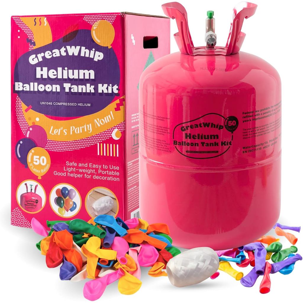GreatWhip 13L Helium Tank Up To 50 ลูกโป่งน้ํายาง, ถังฮีเลียมสําหรับบอลลูนที่บ้าน, ลูกโป่งน้ํายาง 50