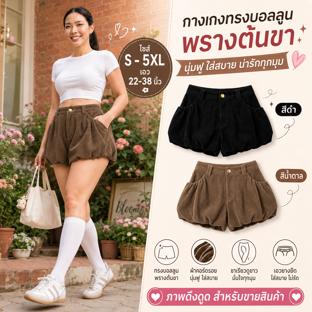 กางเกงขาสั้นผ้าลูกฟูกทรงบอลลูน มีไซส์ S-5XL ทรงฟักทองน่ารักพรางต้นขา เอวสูงตะขอกระดุมหน้า ผ้าหนานุ่มใส่ไปคาเฟ่ชิคๆ