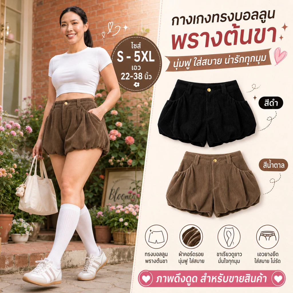 กางเกงขาสั้นผ้าลูกฟูกทรงบอลลูน มีไซส์ S-5XL ทรงฟักทองน่ารักพรางต้นขา เอวสูงตะขอกระดุมหน้า ผ้าหนานุ่มใส่ไปคาเฟ่ชิคๆ