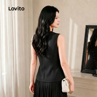 Lovito สง่างาม เสื้อผู้หญิงสีดําทรงอสมมาตร ติดกระดุมด้านหน้าสําหรับฤดูใบไม้ผลิ/ฤดูร้อน L178ED334