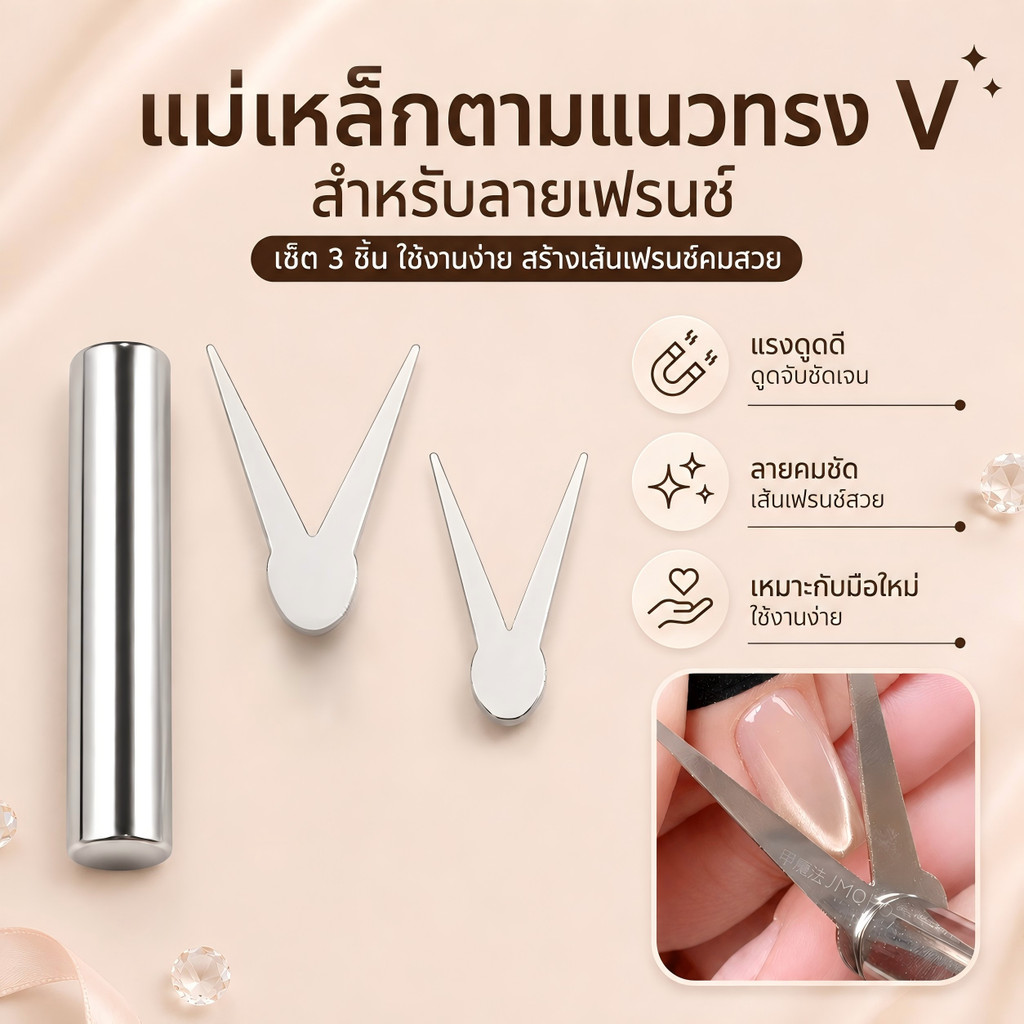 MEFA เซ็ตแม่เหล็กตาแมว 3 ชิ้น ตัว double V ดึงสีลูกแก้ว ทำเฟรนช์ปลายเล็บง่าย สต็อกไทย พร้อมส่งไว