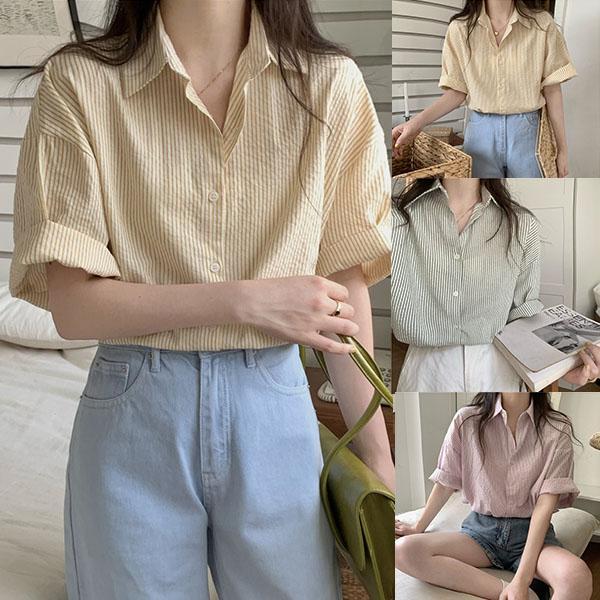 mimi&didi-[สินค้าพร้อมส่ง]เสื้อเชิ้ตแขนสั้นลายทางสีเหลืองอ่อน ทรงหลวม ไซส์ใหญ่ คอปกโปโล สไตล์น่ารักอ่อนหวาน แฟชั่น#w761
