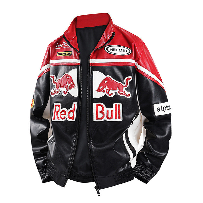2025NEW[2025NEW] f1 Racing ชุดหนัง PU เสื้อผ้าเย็บปักถักร้อยยุโรปสไตล์อเมริกัน Stand-Up Collar Jacke