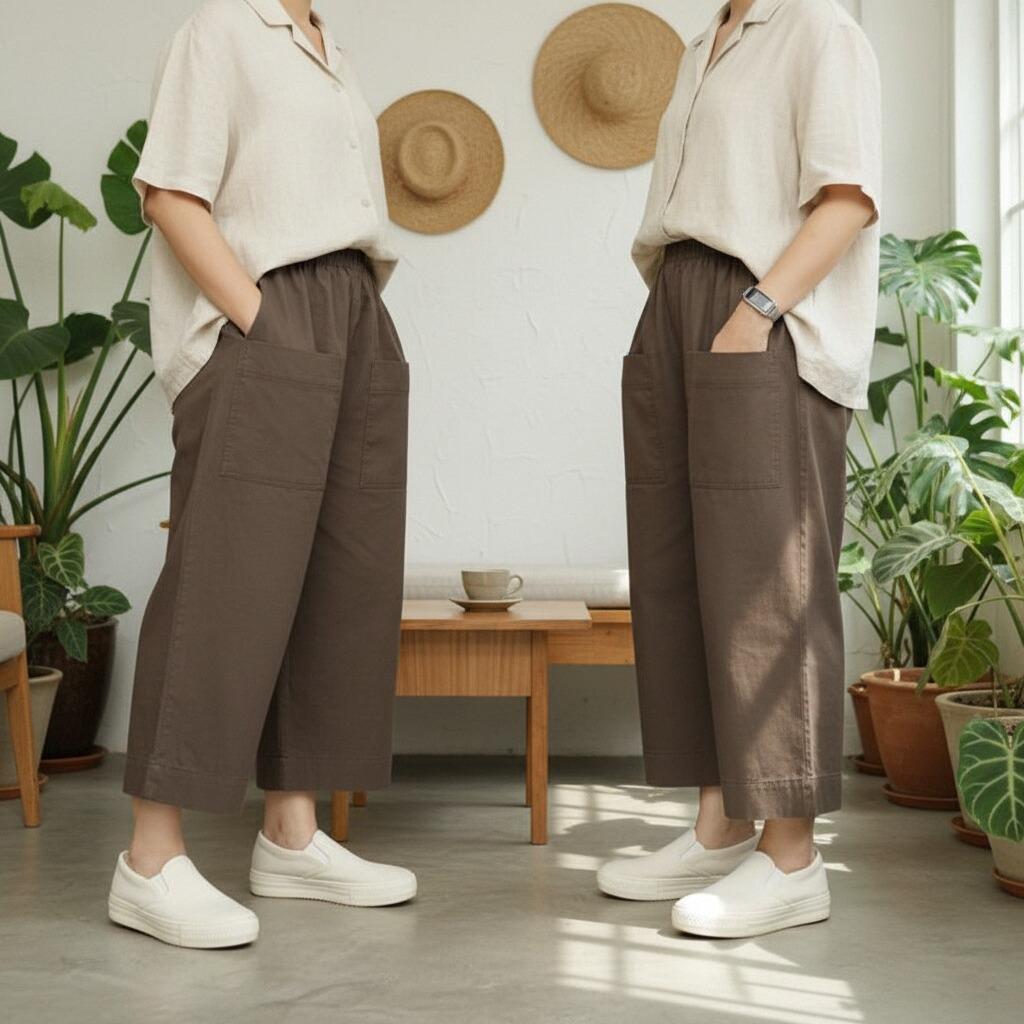 PODIBEA(คอมโบซื้อ2คุ้ม) Cropped Barrel Pants All-Day Pants กางเกงญี่ปุ่นผ้า100%คอตตอน ใส่ทำงานคาเฟ่ (เช็คตารางไซส์)