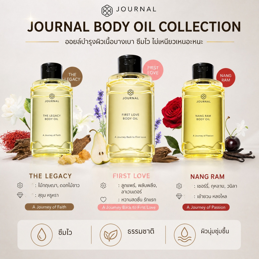 [ของแท้ 100%] Journal First Love/NANG RAM/ The Legacy Body Oil 180 ml.ให้ความชุ่มชื้นแก่ผิวบริเวณข้อศอกและหัวเข่าที่แห้งกร้านโดยไม่เหนียวเหนอะหนะ ตลอดทั้งปี