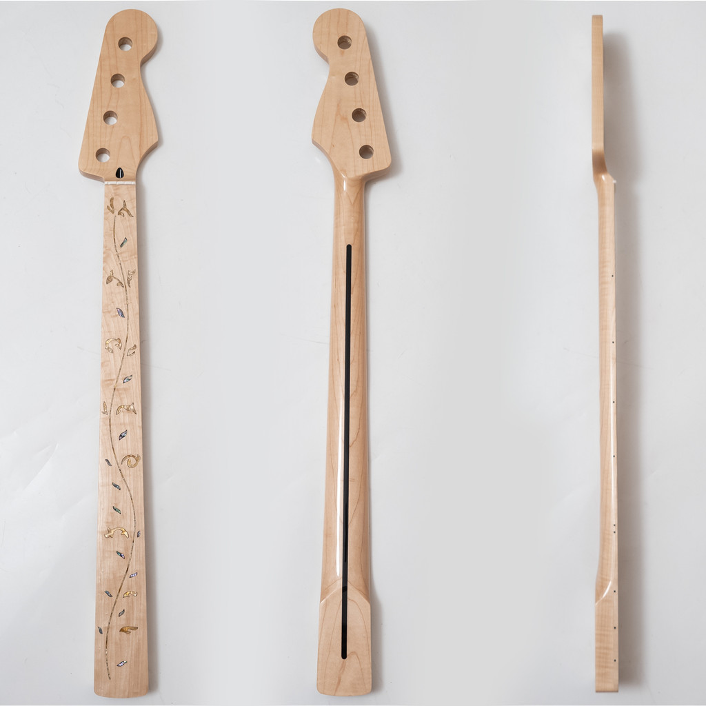 4 String Fender Jazz Bass คอไม่มี Fret แกะสลักดอกไม้ Fingerboard รัศมี 9.5 นิ้ว Bone Nut