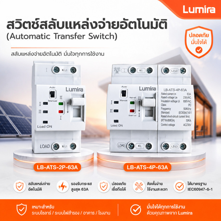 สวิตช์สลับแหล่งจ่ายไฟอัตโนมัติ Lumira 63A มี 2 รุ่น LB-ATS-2P-63A / LB-ATS-4P-63A