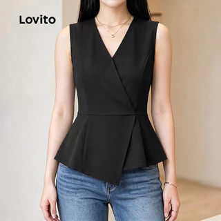 (New Arrival) Lovito เสื้อท็อปผู้หญิงสีดําทรงไม่สมมาตร สไตล์ฤดูใบไม้ผลิ/ฤดูร้อน TKK8P1D616