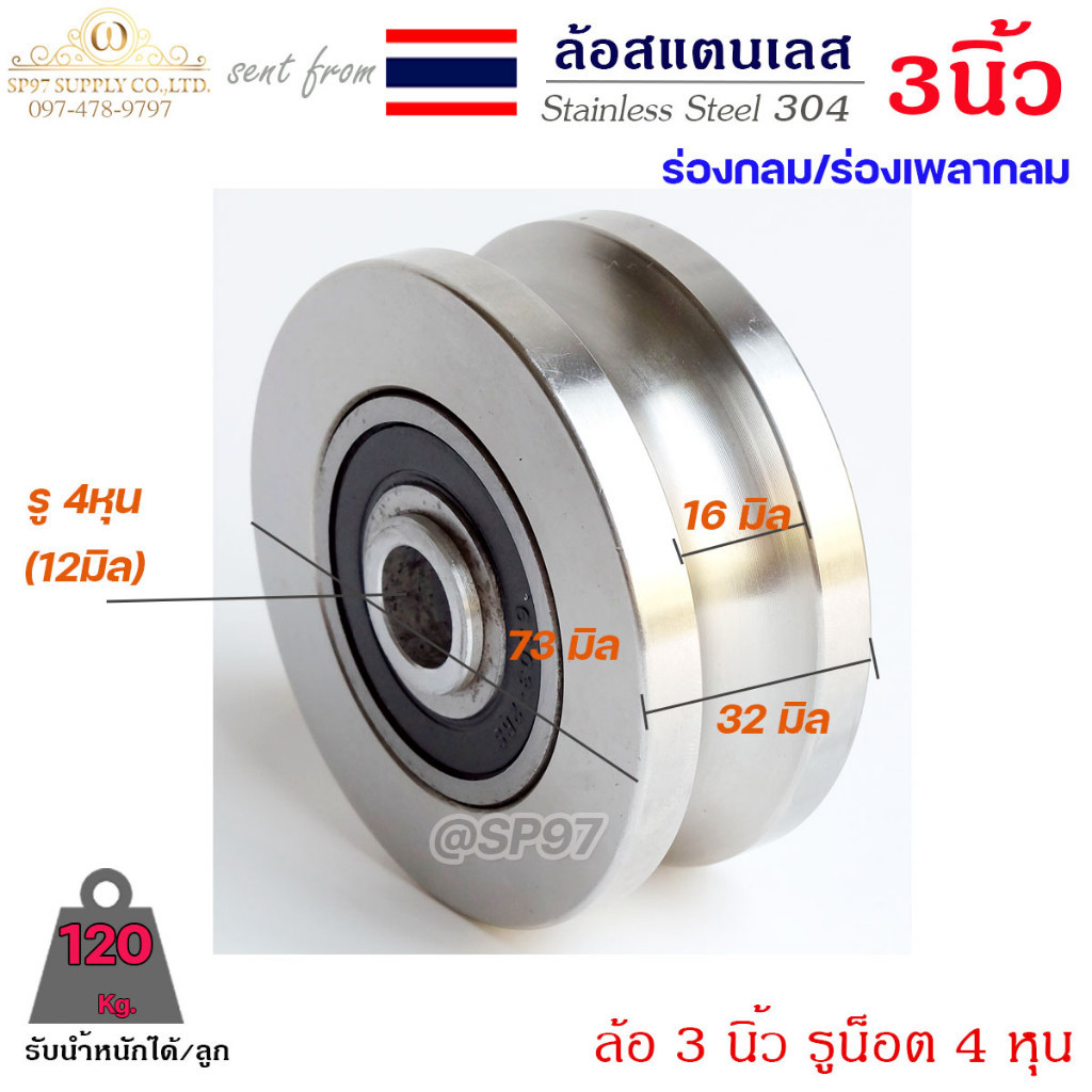 ล้อประตู ล้อสแตนเลส เกรด304 ขนาด 3 นิ้ว ร่องเพลา (ร่องยู/ร่องกลม) กว้าง 32มม รูน็อต 12มม (4หุน)