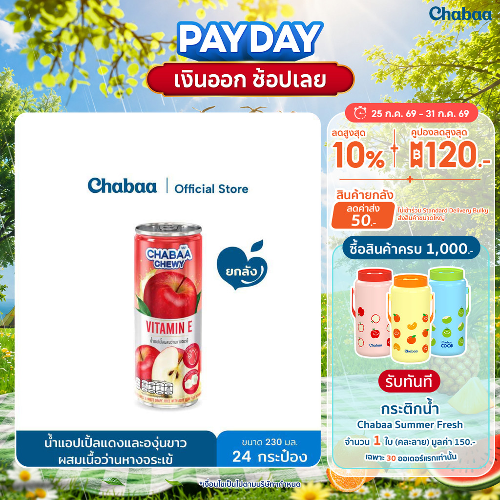 CHABAA CAN ชิววี่ น้ำแอปเปิ้ลแดง+องุ่นขาว 30%+ว่านหางจระเข้+Vit.E ขนาด 230 มล. ยกถาด (24 กระป๋อง)
