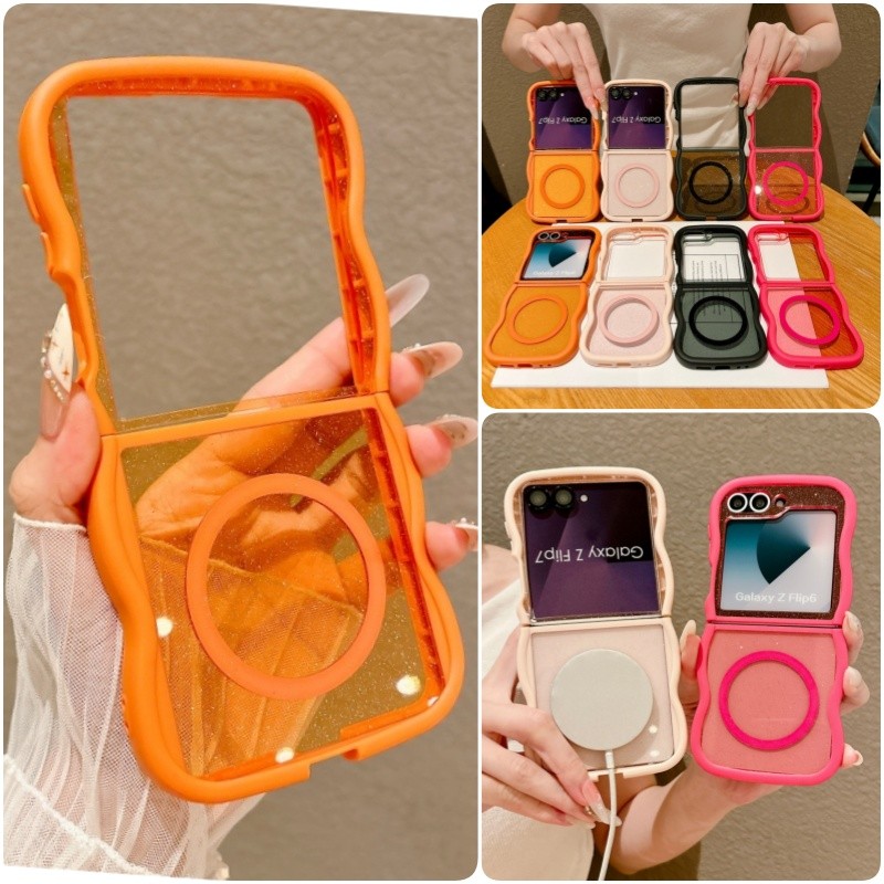 สําหรับ Samsung Galaxy Z Flip 8 7 6 5 4 3 กรอบหยักแม่เหล็ก Glitter ฝาครอบโทรศัพท์ไร้สายชาร์จโปร่งใสกันกระแทก Shell