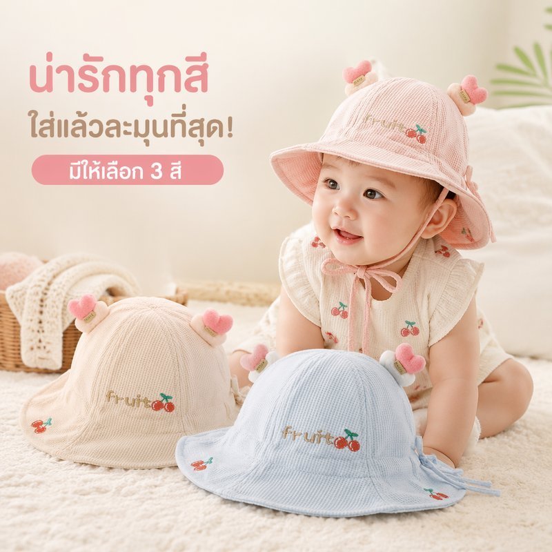 หมวกกันแดดเด็กทารกถังหมวกระบายอากาศปรับน่ารักผลไม้พิมพ์เด็กวัยหัดเดินชายหาดร่มเงา