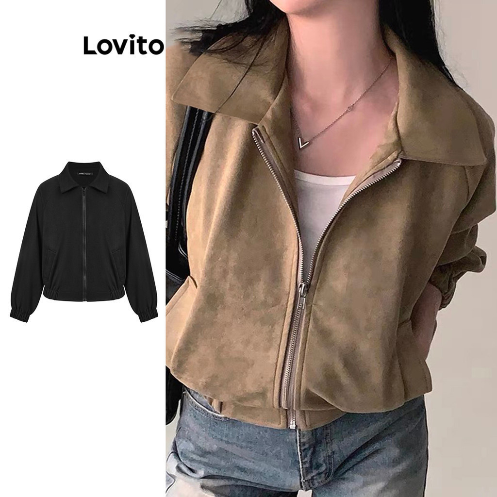 (KOL‘s pick) Lovito แคชชวล เสื้อแจ็คเก็ตผู้หญิง มีซิป สีพื้น สไตล์ LNE30129 (สีน้ำตาล)