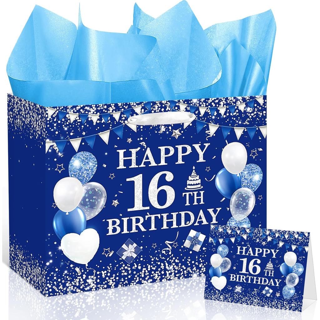 Blue 16th Birthday Gift Bag for Boys Blue Silver Happy 16th Birthday Wrapping Paper Bag with Greetin