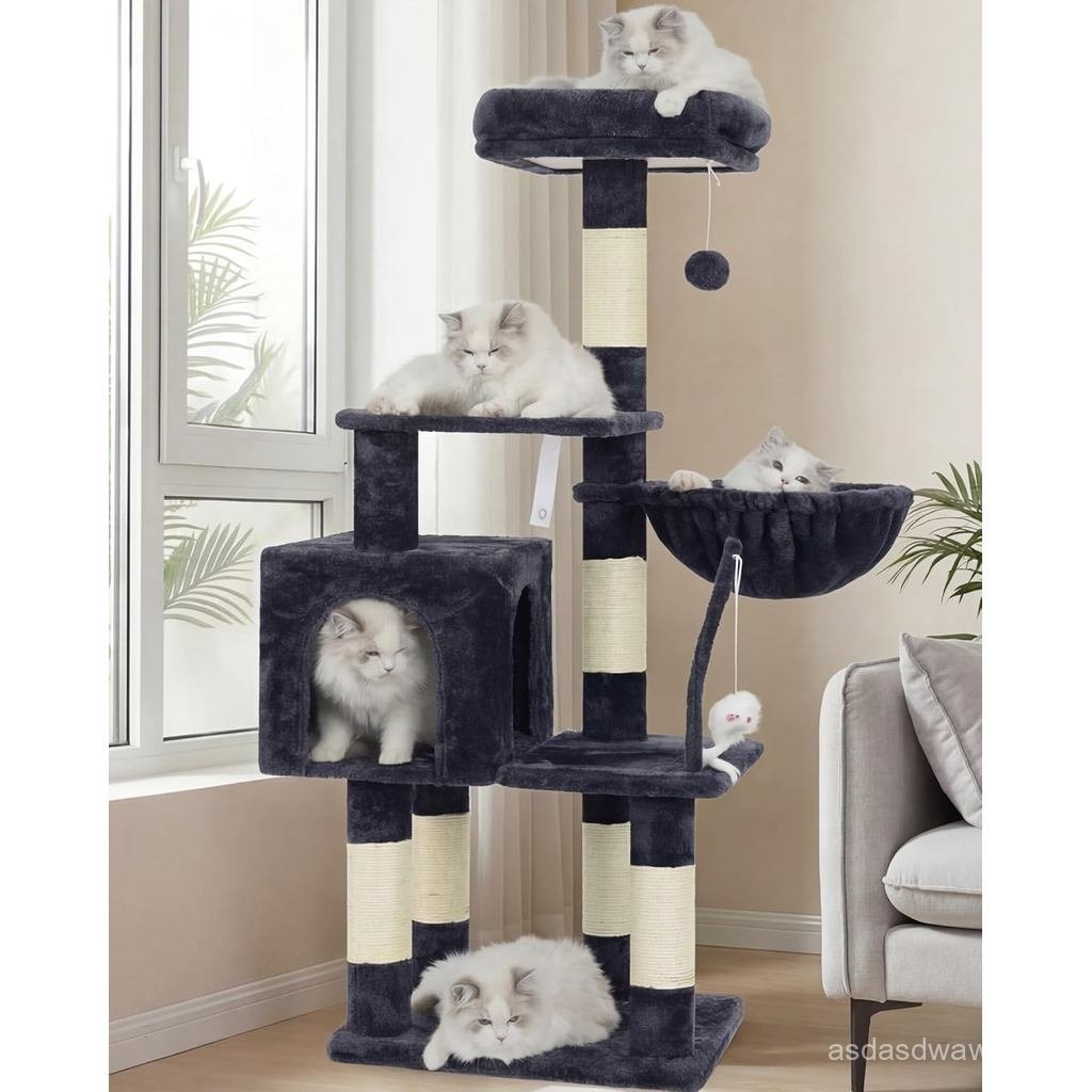 Heybly Cat Tree พร้อมของเล่น, Cat Tower คอนโดสําหรับแมวในร่ม, บ้านแมวพร้อมตุ๊กตาเบาะ Perch, เปลญวนแส