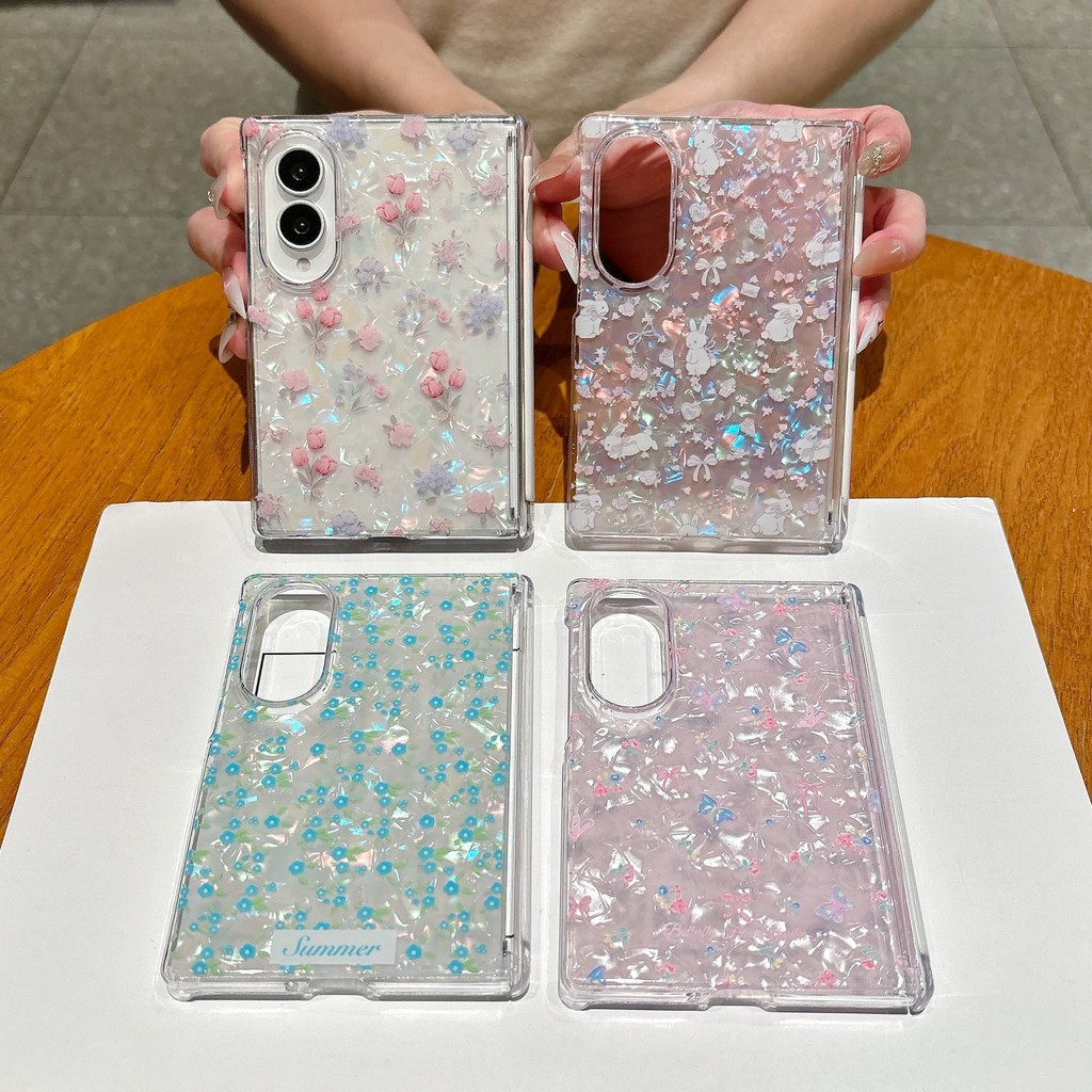 New style Shell pattern ดอกไม้เล็ก ๆ เคส สำหรับ Samsung Galaxy Z Fold8 Wide Case ชุดสามชิ้นที่ถอดออกได้รวมทุกอย่าง แกนกลางแม่เหล็ก ป้องกันการตก พลิกปก เคส