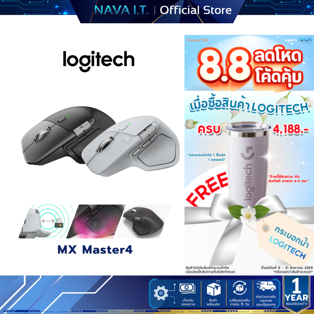 Logitech MX Master 4 Wireless Mouse Graphite,Pale Gray เมาส์บลูทูธไร้สาย ออกแบบให้เหมาะกับสรีระ ชาร์จด้วย USB C