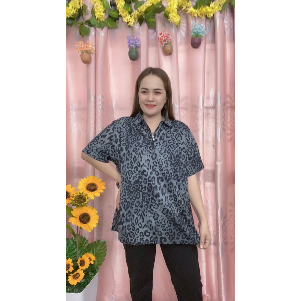เสื้อยืดคอปก เสื้อลายดอก อก48-54นิ้ว เสื้อผ้าสาวอวบ มีซิป รุ่น4059