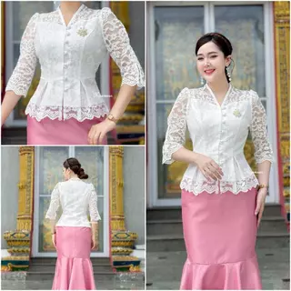 เสื้อรุ่น-Tulip (K) ลูกไม้ดีไซน์ แขนสามส่วนจีบ กระดุมหน้าแกะได้ อัดกาว เสื้อใส่ทำบุญ เสื้อออกงาน