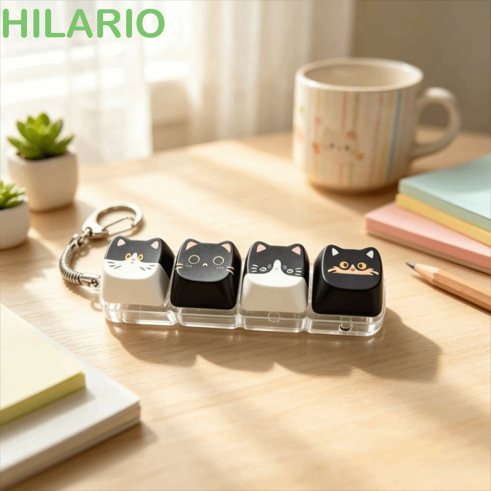 HILARIO Cat Fidget Clicker พวงกุญแจ, Finger-Tip กดปุ่มแมวน่ารัก Cat Mechanical คีย์บอร์ดพวงกุญแจ, Fidget ของเล่น 4-Key Creative Kawaii Keycap พวงกุญแจกระเป๋า Charm