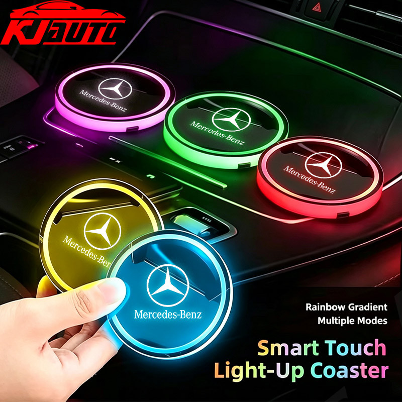 Mercedes Benz ใหม่ 7 สี LED รถที่วางแก้ว Light Luminous Coaster ถ้วยน้ํา Pad USB ชาร์จสําหรับ W203 W204 W205 W206 W169 W177 W176 W212 W213 W214 W221 GLB GLC GLS ML