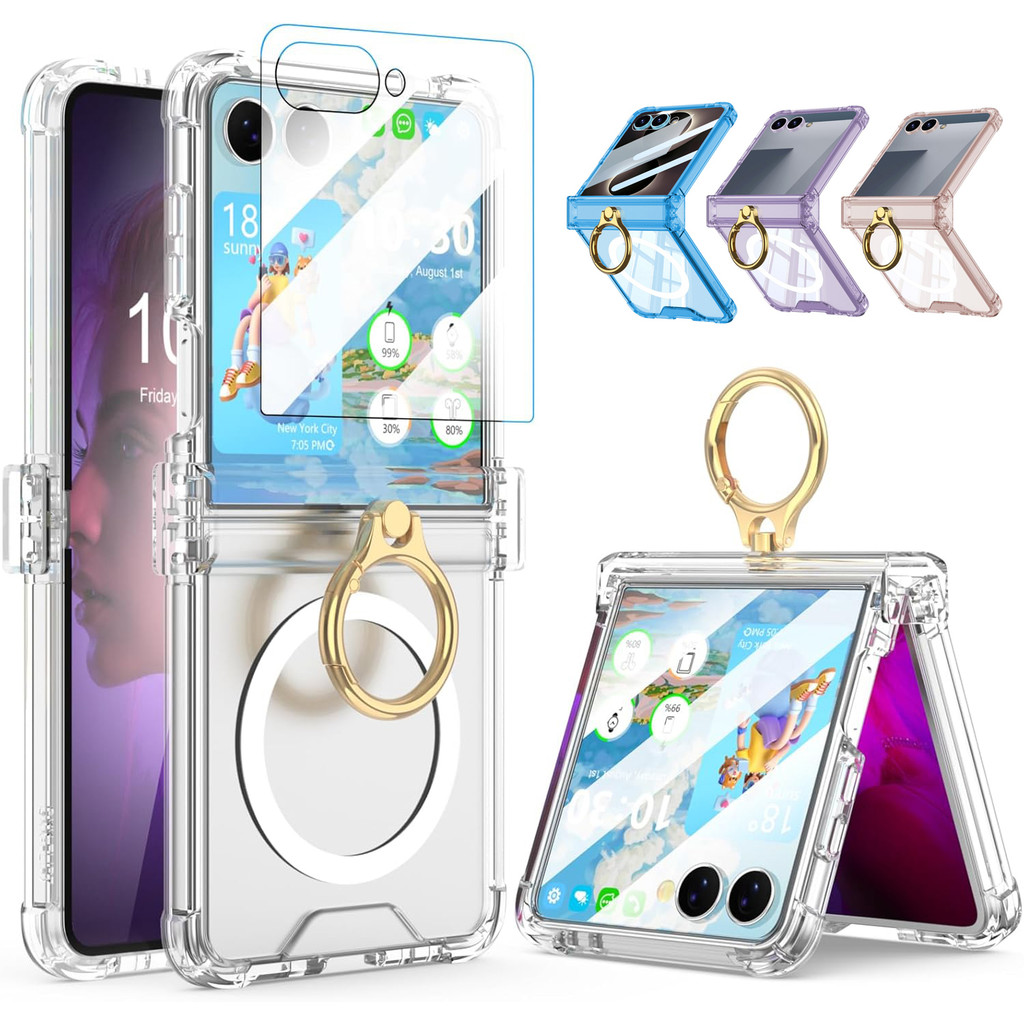 เคสนิ่มแม่เหล็กสําหรับ Samsung Galaxy Z Flip 8 เคสพร้อมที่วางแหวนฝาครอบโปร่งใส ZFlip78 ถุงลมนิรภัยป้องกันการตก